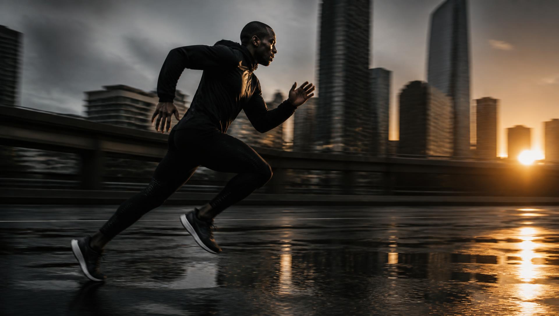 Runner training on a city road at sunrise